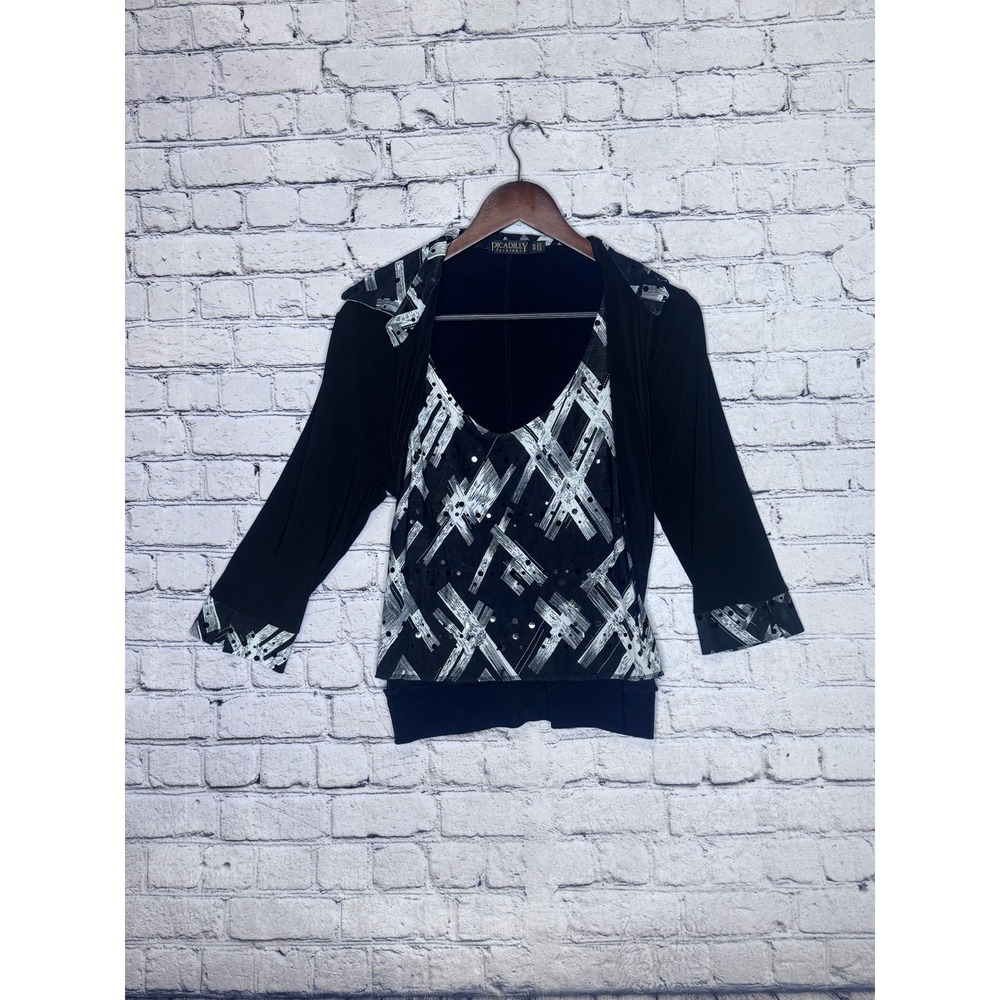 Piccadilly Fashions Black White Print Layered Top M M Made In Canada